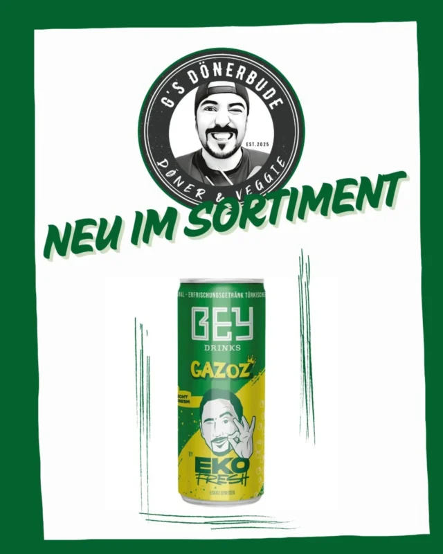 Hi Döner-Fans & Liebhaber süßer Erfrischungen! 🌯🥤🔥

Wir haben Nachschub für euch – und nicht irgendeinen!

Wir haben uns den neuesten Trend in die Bude geholt: BEY GAZOZ! 😍✨
Frischer als frisch… fast so fresh wie Eko Fresh selbst! 🎤😎

(Ja genau, DER Eko Fresh – Rap-Legende, Film-Legende, alles-Legende. 😉 @ekofreezy

Und ja… das Zwinkern auf seinem Logo ist KEIN Zufall – das hat er von mir! 😉😉✨

Also: Beim nächsten Döner einfach ’nen BEY GAZOZ mitbestellen
und euren G’s Döner auf ein neues Level tasten! 🚀🥤🌯

Falls ihr’s noch nicht kennt:
Gazoz = das türkische Kultgetränk 🇹🇷✨
Zitronig, spritzig, süß-fruchtig – eine Art türkische Sprite, nur viel cooler. 😌💛

Kommt vorbei & probiert’s aus!

Euer G’s Dönerbuden Team ❤️🔥