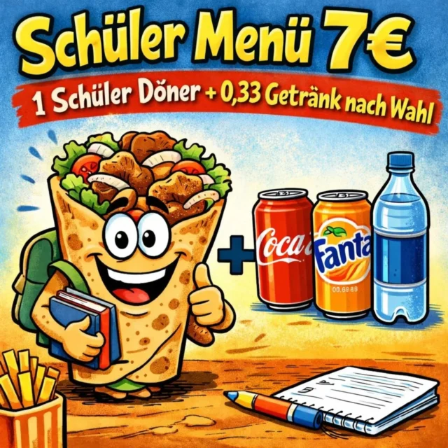 🔥 Hey liebe Schüler! 🔥

Wir haben ein Special nur für euch am Start! 🎉

Ab sofort gibt’s bei uns das brandneue Schülermenü – damit ihr euch nicht extra noch irgendwo ein Getränk besorgen müsst, wenn ihr euch euren Schüler-Döner gönnt. 😎🥙

👉 Was ist drin?
Zu eurem Schüler-Döner bekommt ihr:

🥤Ein 0,33l Getränk nach Wahl (7€)
🥛Auf Wunsch auch Ayran (7€)
🧃Capri-Sonne (6€)

Ganz entspannt - alles direkt bei uns, alles in einem Menü!

„Red Bull ist vom Angebot ausgeschlossen.“

⚠️ Wichtiger Hinweis:
Das Schülermenü gibt’s nur während der Schulzeit und nur für Schüler, die persönlich vor Ort sind. Keine Ausnahmen!

Also schnappt euch eure Freunde und kommt vorbei! 🚀

Euer G’s Dönerbuden Team 🥙🔥